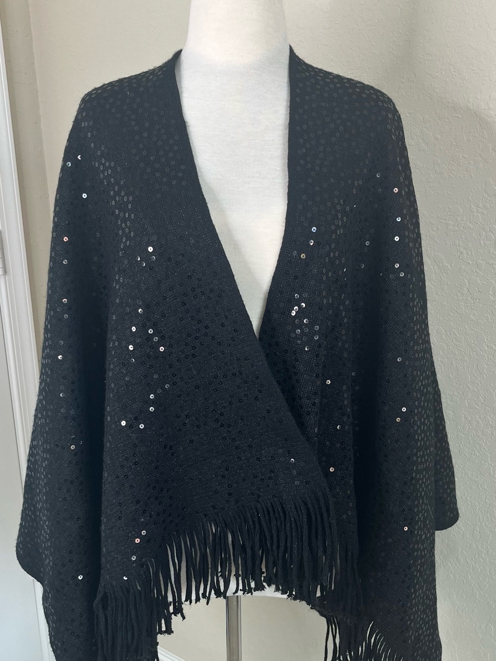 IMAN Metallic Black Knit Pancho with Subtle Shimmerw